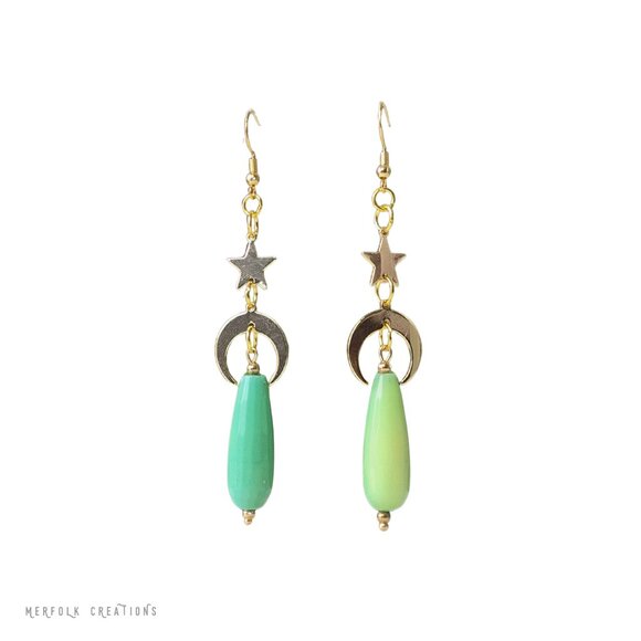 Green Opal Celestial Dangle Earrings - Picture 2 of 2